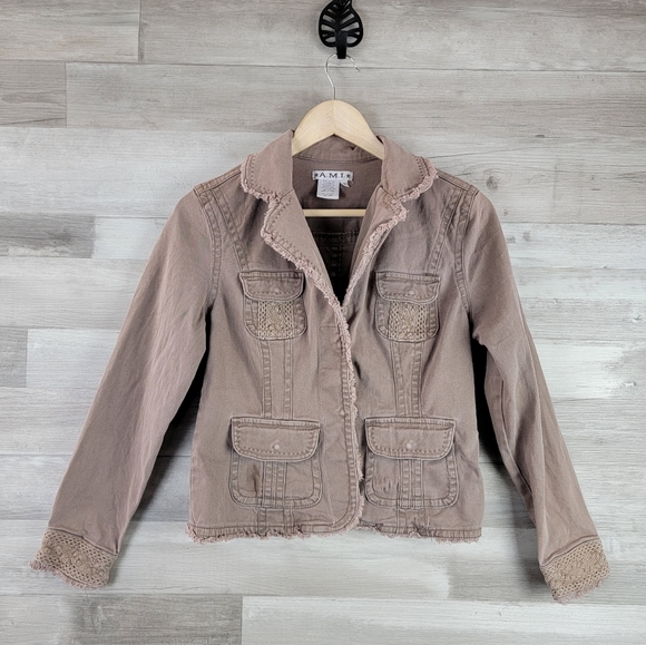 Vintage A.M.I. Distressed Crochet Light Brown Khaki Jacket Women’s Size Small - Picture 4 of 15